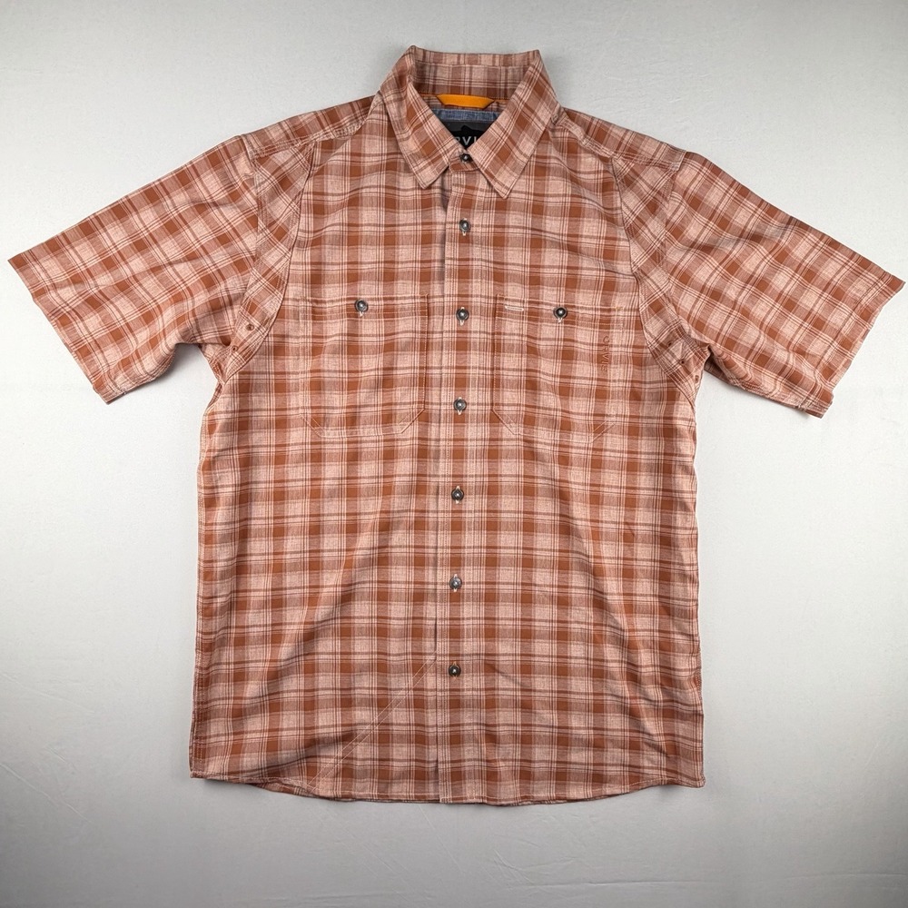 Orvis Trout Bum Shirt Mens Medium Orange Plaid Outdoors Vented Fishing Stretch